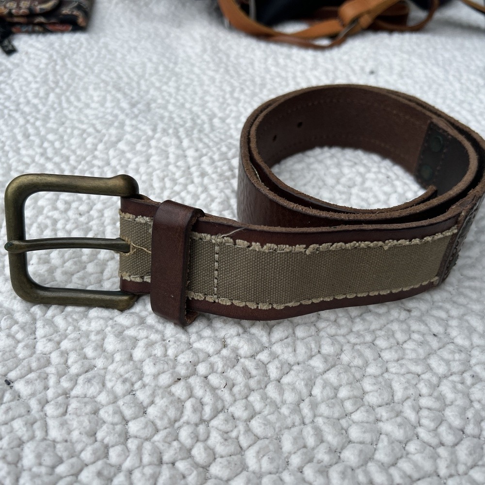 Gap 1969 Mens Brown Leather Canvas Inlay Belt 32 Distressed Made in USA Brass